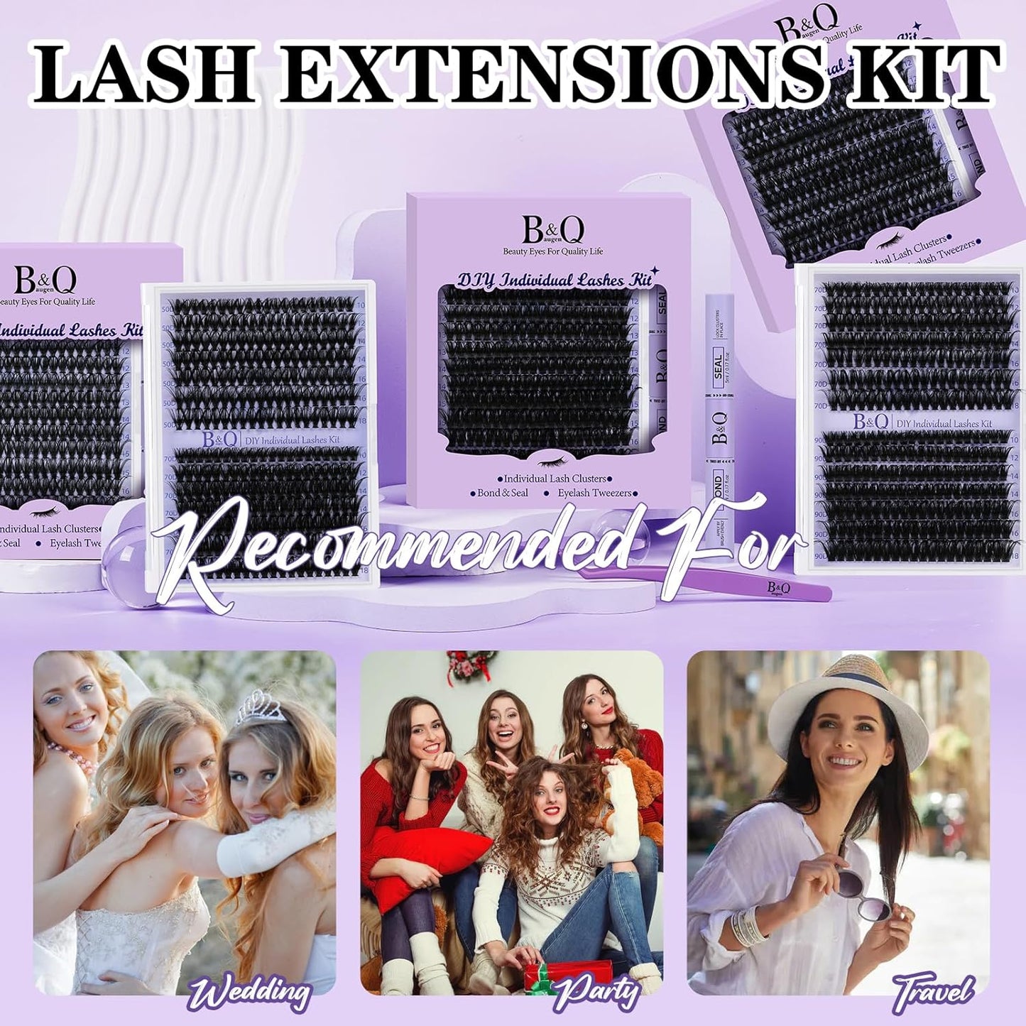 B&Qaugen Lash Extension Kit 280Pcs Volume Individual Lashes Kit Superfine Individual Eyelashes 10-18mm Soft D Curl Eyelash Clusters Kit with Bond and Seal Tweezers for Self Use (Kit,70D-10-18MIX)