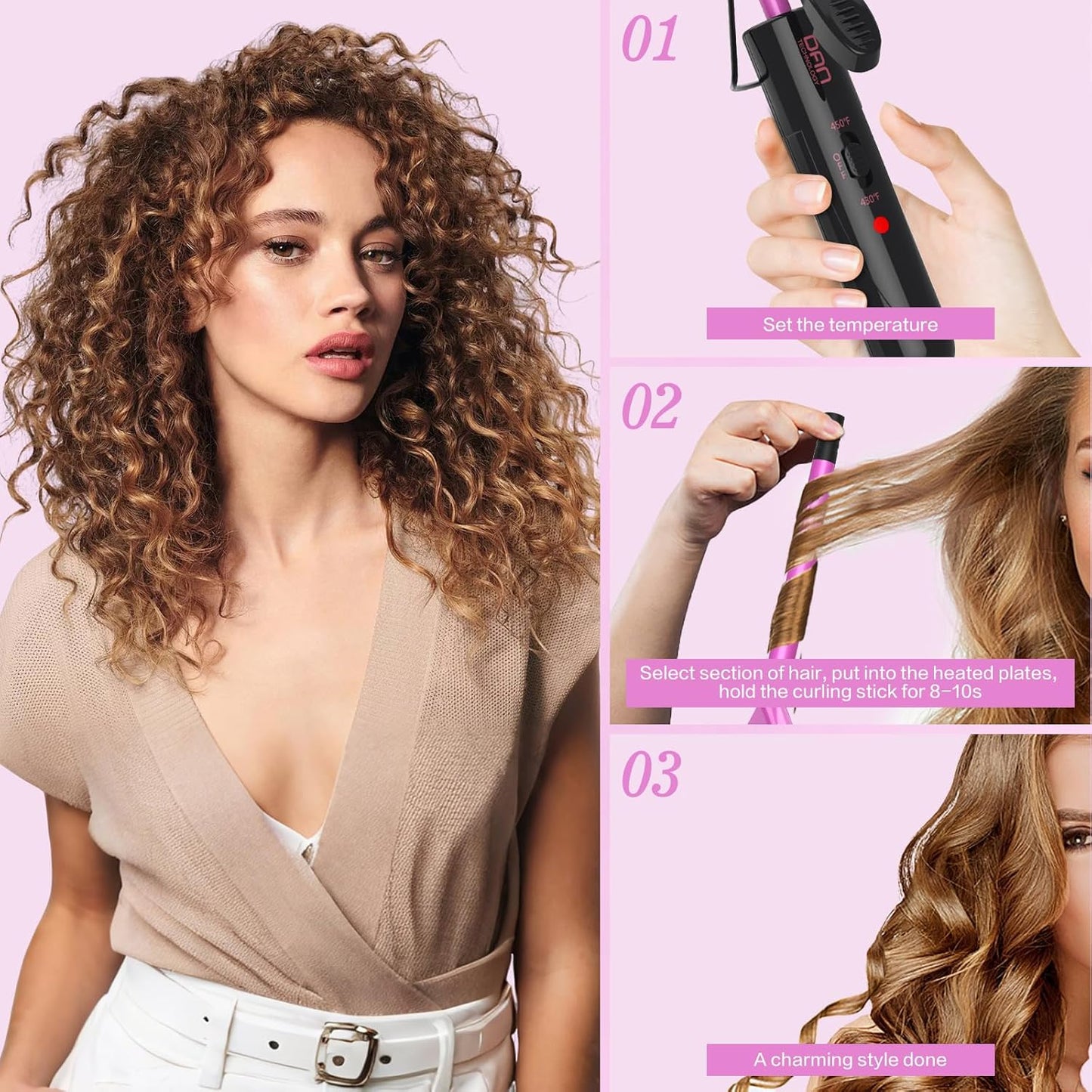 DAN Technology 1/2 Inch Curling Iron 13mm Small Ceramic Curling Wand with Adjustable Temperature Dual Voltage for Tight Curls Short Hair and Ringlets