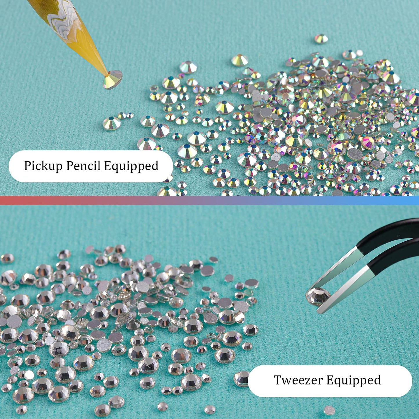 6 Sizes Transparent and AB Glass Crystal Kit with Pickup Pen + Tweezer Tools for Iridescent Shine Nail Art Manicure Makeup DIY Decoration Flatback Round Rhinestone Gem Jewelry Diamond