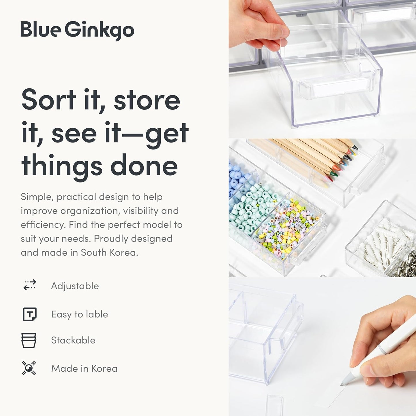 Blue Ginkgo Large 12-Drawer Cabinet – Stackable Clear Organizer for Hardware, Beads, Plastic Bricks, Office, and Craft Storage (Made in Korea, Blue)