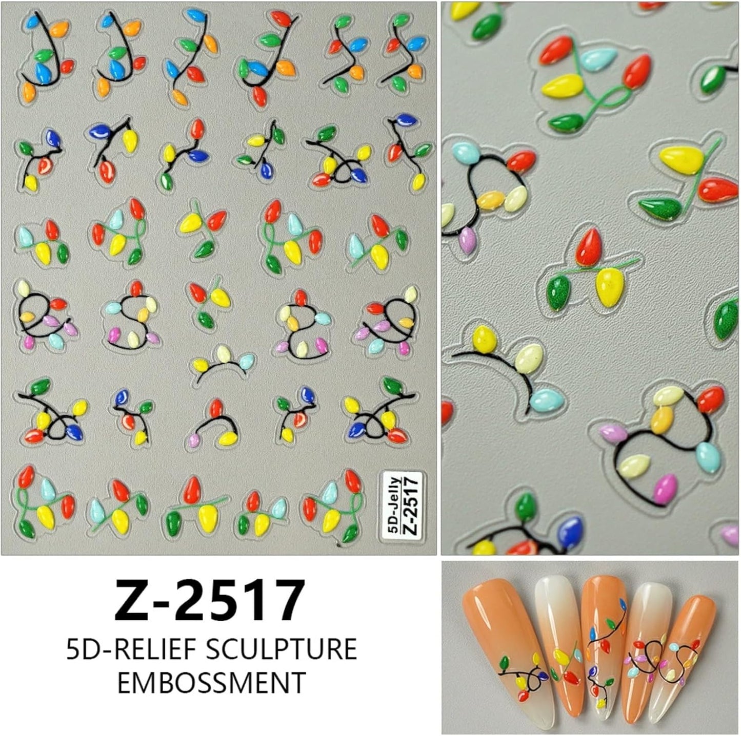 2Pcs Christmas Nail Art Stickers Decals 5D Embossed Christmas Nail Decals Colorful Light String Nail Stickers Xmas Lanterns Nail Supplies New Year Winter Nails Supplies for Women Manicure Tip Decor