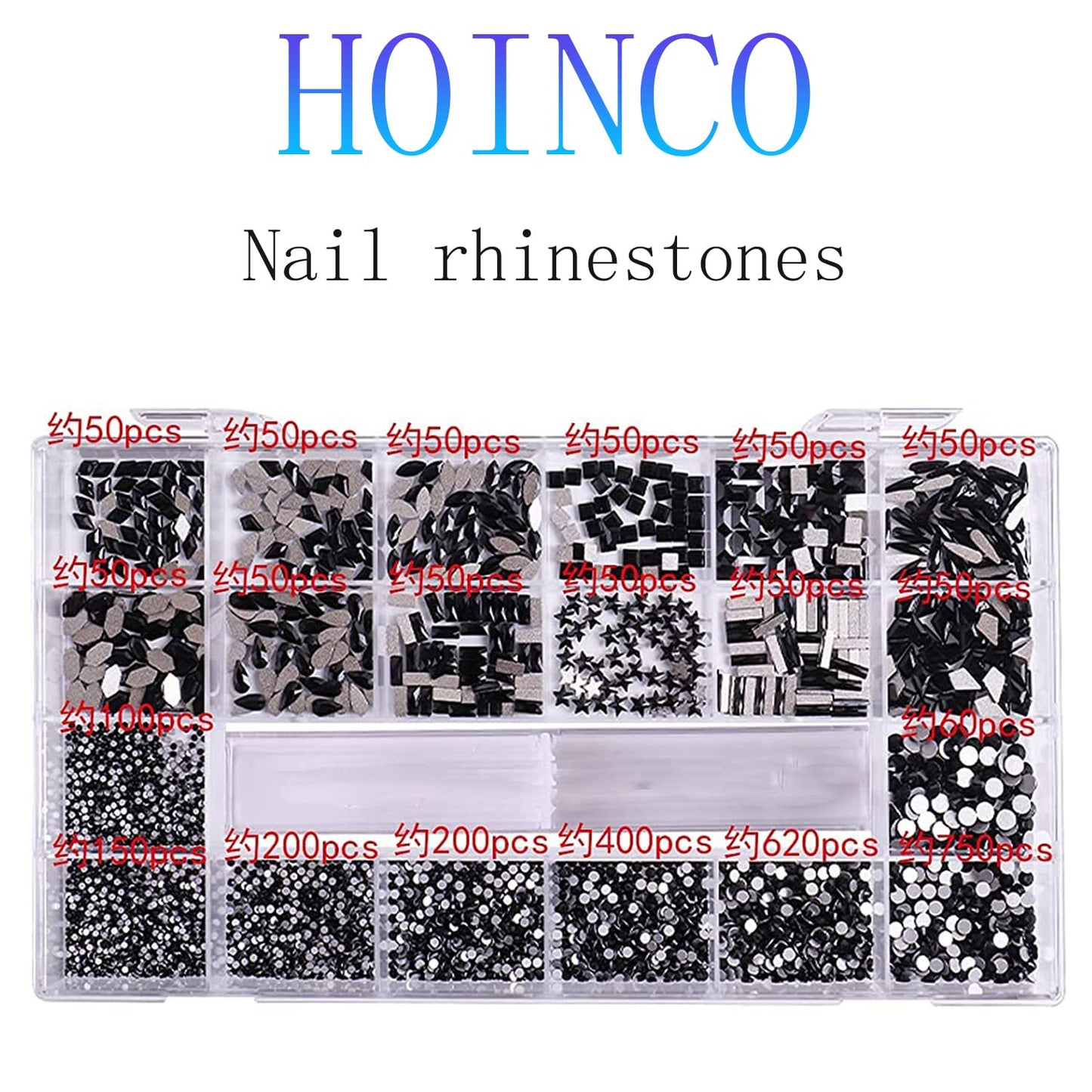 3100Pcs Flat Back Rhinestones for Nails, HOINCO Black Rhinestones for Nails, Mix 20 Styles Flatback Rhinestone/Gems, 600 Diamonds + 2500 Round Rhinestones Beads for Nail Crafts with Tweezers Pen