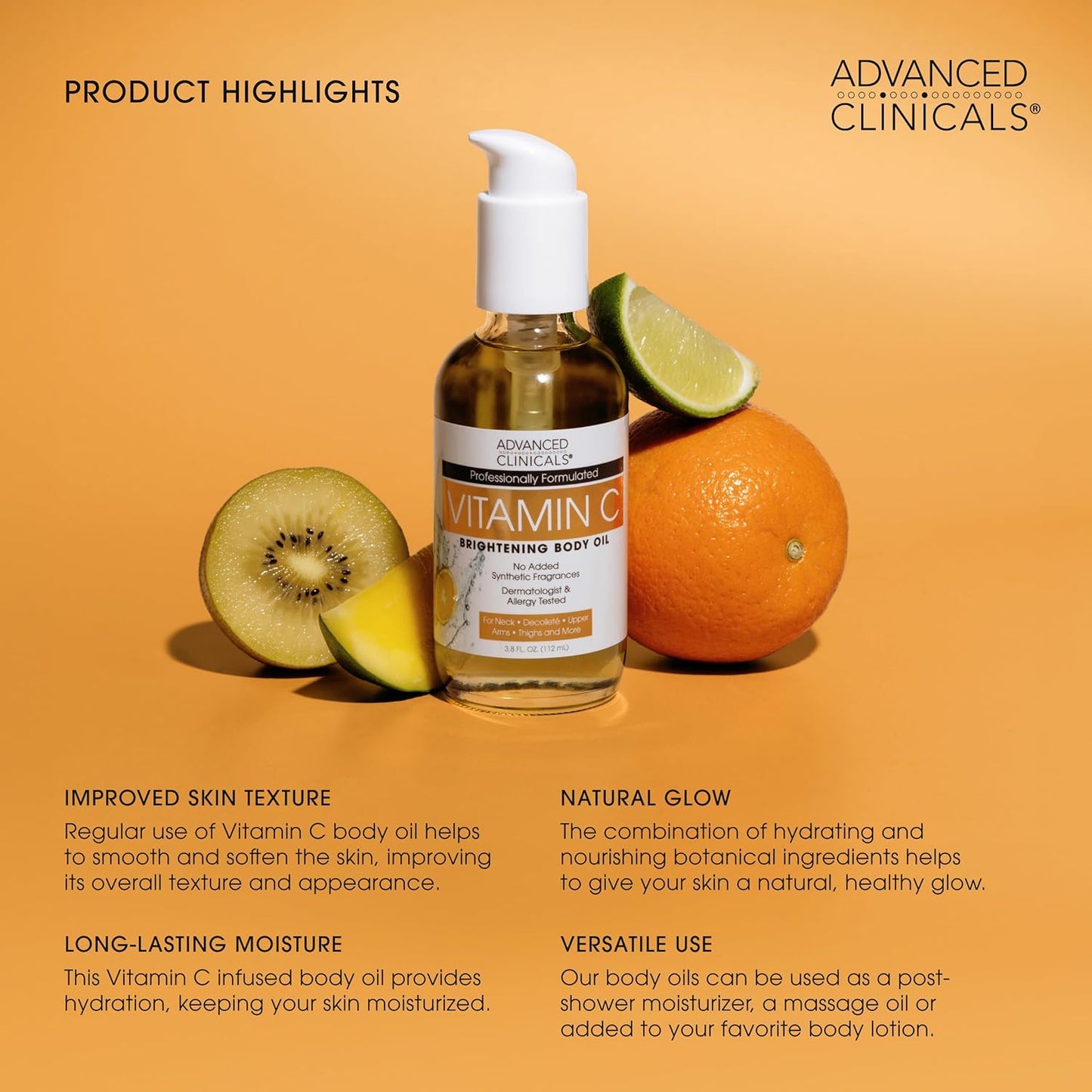 Advanced Clinicals Brightening Vitamin C Cream Moisturizer + Vitamin C Body Oil 2pc Skincare Set | Nourishing, Brightening, & Hydrating Body Oil & Body Lotion To Improve Appearance Of Dark Spots, 2pc