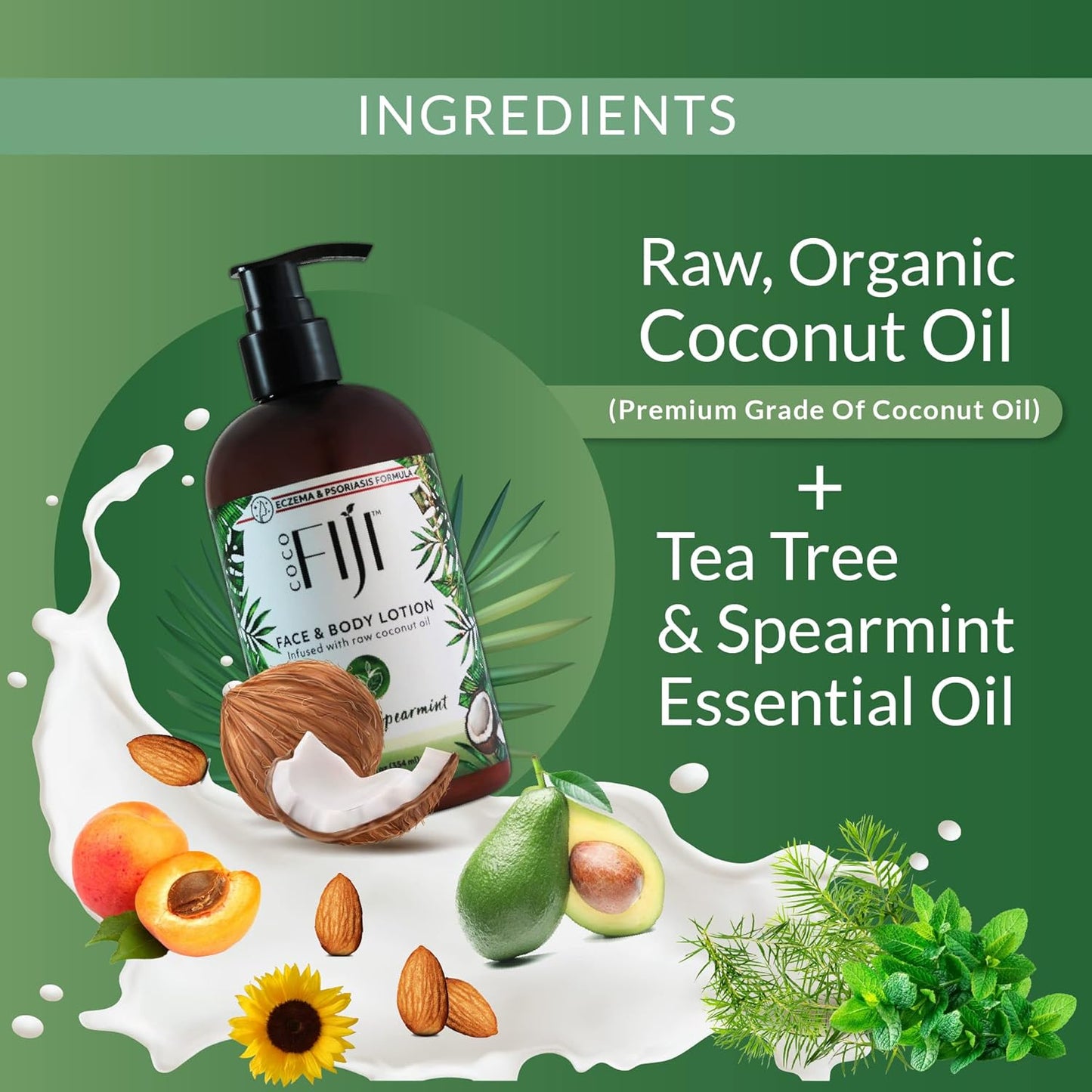 Coco Fiji Face & Body Lotion Infused With Coconut Oil | Lotion for Dry Skin | Moisturizer Face Cream & Massage Lotion for Women & Men | Tea Tree Spearmint 12 oz, Pack of 3