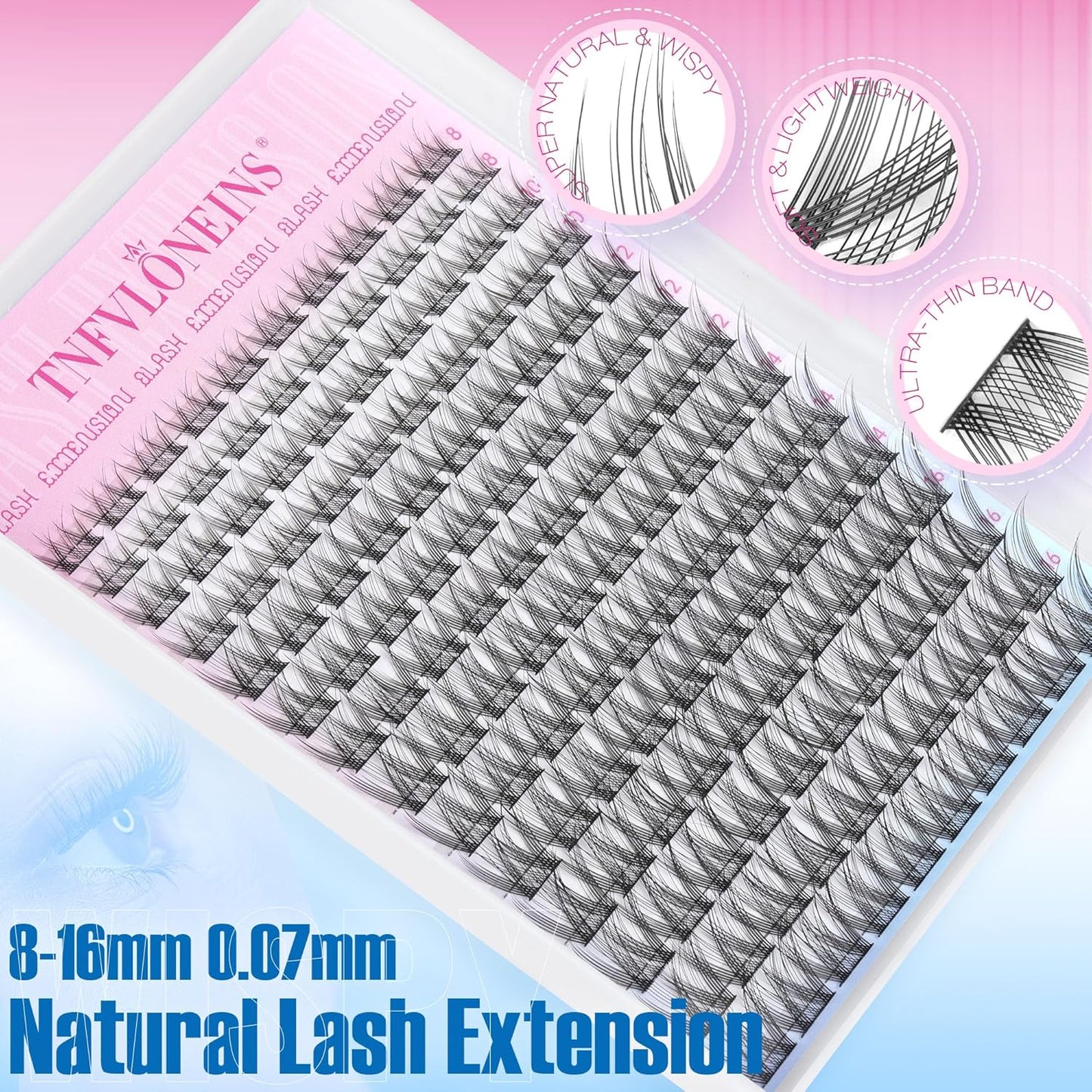 TNFVLONEINS Lash Clusters Kit 8-16mm Eyelash Clusters Kit Natural Lash Extension Kit Wispy Widespan DIY Eyelash Extension Kit Individual Lashes Cluster with Bond and Seal and Tweezers