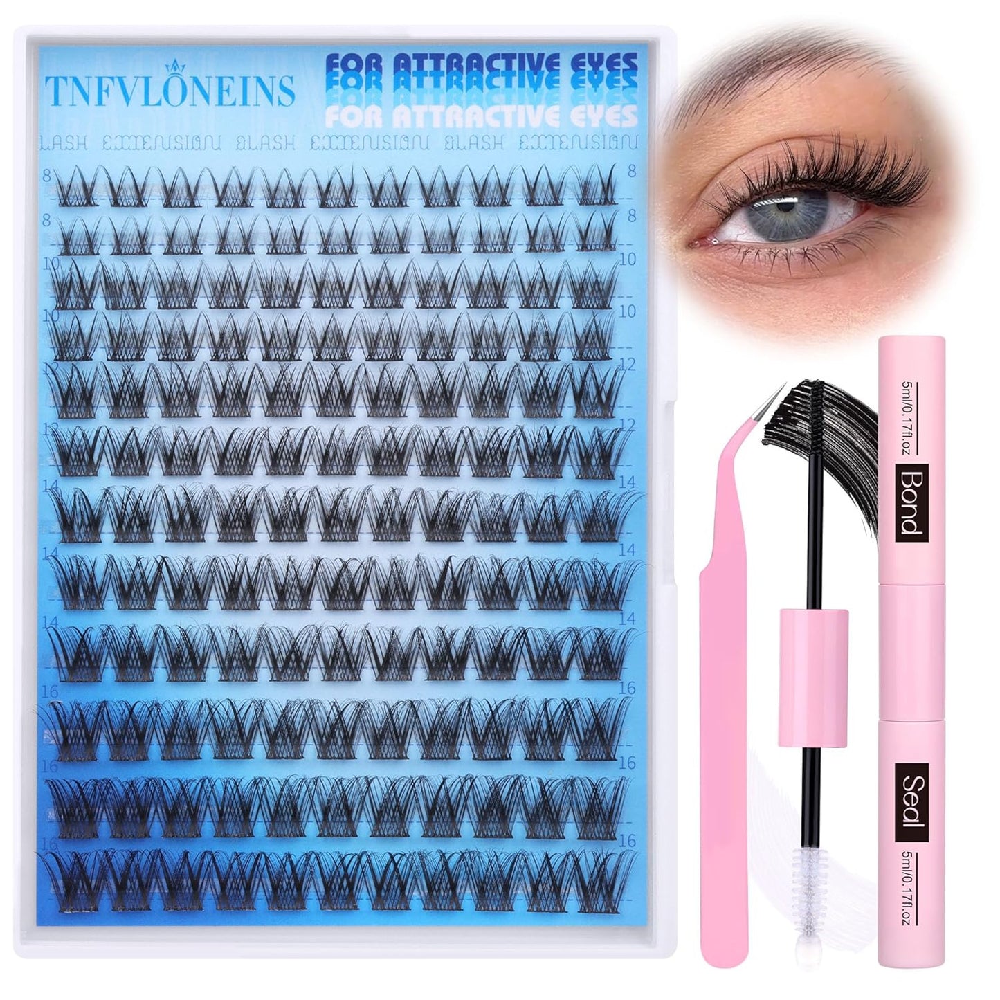 Wispy Lash Extension Kit Natural Lash Clusters Kit D Curl Eyelash Extension Kit DIY Cluster Eyelash Extensions Kit 8-16MM Individual Lashes Clusters with Bond and Seal and Tweezers by TNFVLONEINS
