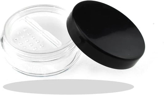 HAHIYO 2P 10ml/0.34oz Plastic Empty Travel Powder Container Small Loose Powders Compact Case Makeup Cosmetic Jar Refillable Powders Box No Leak Powder Holder with Rotatable Sifter and Black Screw Lid