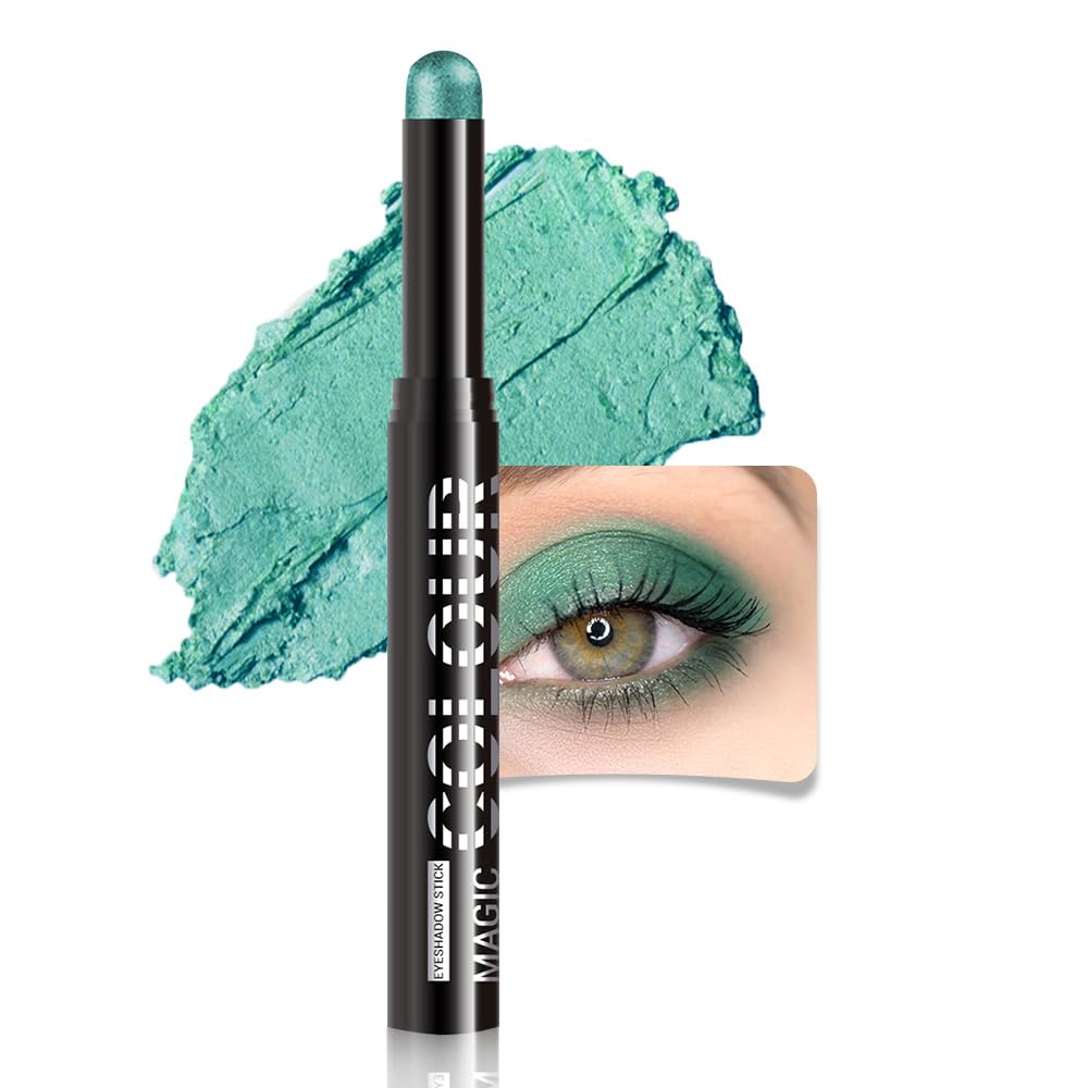 Cyan Green Shimmer Cream Eye Shadow Stick Makeup for Women, Cyan Green Shimmer Matte Eye Shadow Brightener Stick for Eyes, Waterproof Eyeshadow Pencil Applicator Blendable for Eye Highlight 24