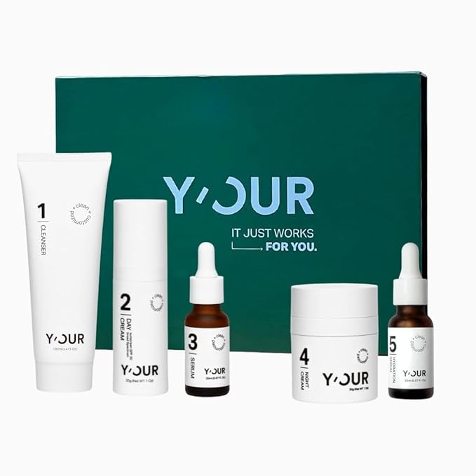 Y'OUR Skincare System, Contains: Moisturizing Cleanser, Antioxidant Day Cream, Calming Serum, Revitalizing Night Cream, Intensive Hydration Serum (Hydrating Skincare (Set of 5))