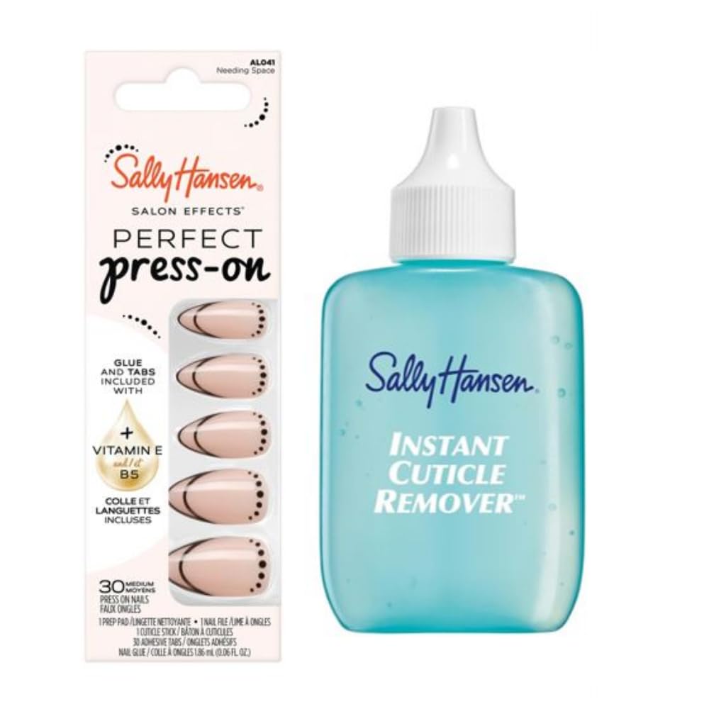Sally Hansen Instant Cuticle Remover & Salon Effects Press-On Nails Kit - 15 Second Cuticle Remover with Aloe & 30 Nail Designs with Nail Glue
