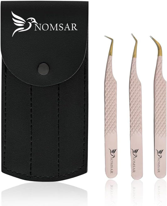 Eyelash Extensions Tweezers, Set of 3 - Stainless Steel with Diamond Grip for Volume lash Extension - Fiber Tip Tweezers for Multipurpose & Application (Peach)