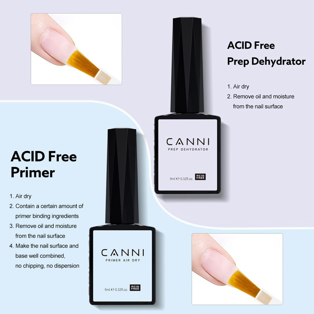CANNI 6Pcs 9ml Hema-Free Nail Dehydrator Primer, Base Coat Reinforce Diamond Gel Top Coat and Matte Top Coat Gel Nail Polish Set, Soak Off LED Nail Gel Polish Set Nail Art Starter Manicure Salon