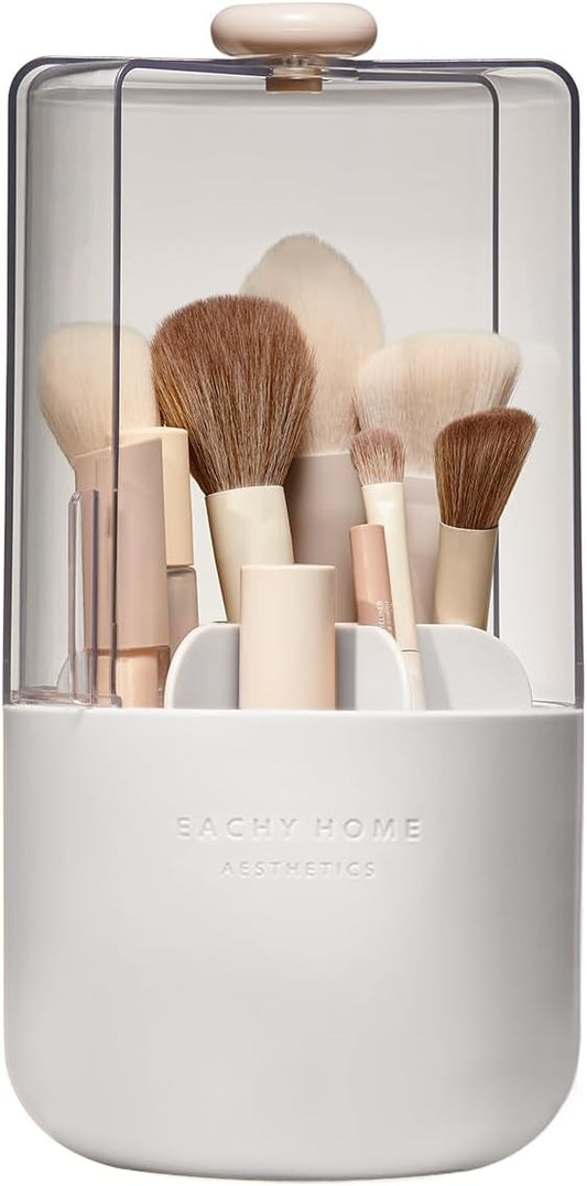 EACHY Makeup Brush Holder 360° Rotating with Dustproof Lid, Waterproof Material, 7 Compartments for Organized Storage, Stylish and Durable Design for Vanity (White)