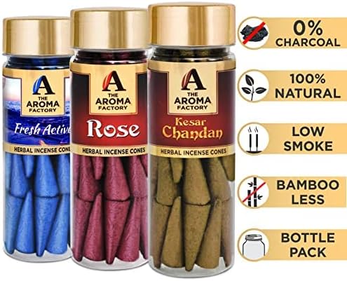 The Aroma Factory Organic Dhoop Cones | Kesar Chandan, Rose & Fresh Active Incense Cones |No Charcoal, Scented Incense | 3x30 Cones, Pack of 3 Jute Bag Giftset