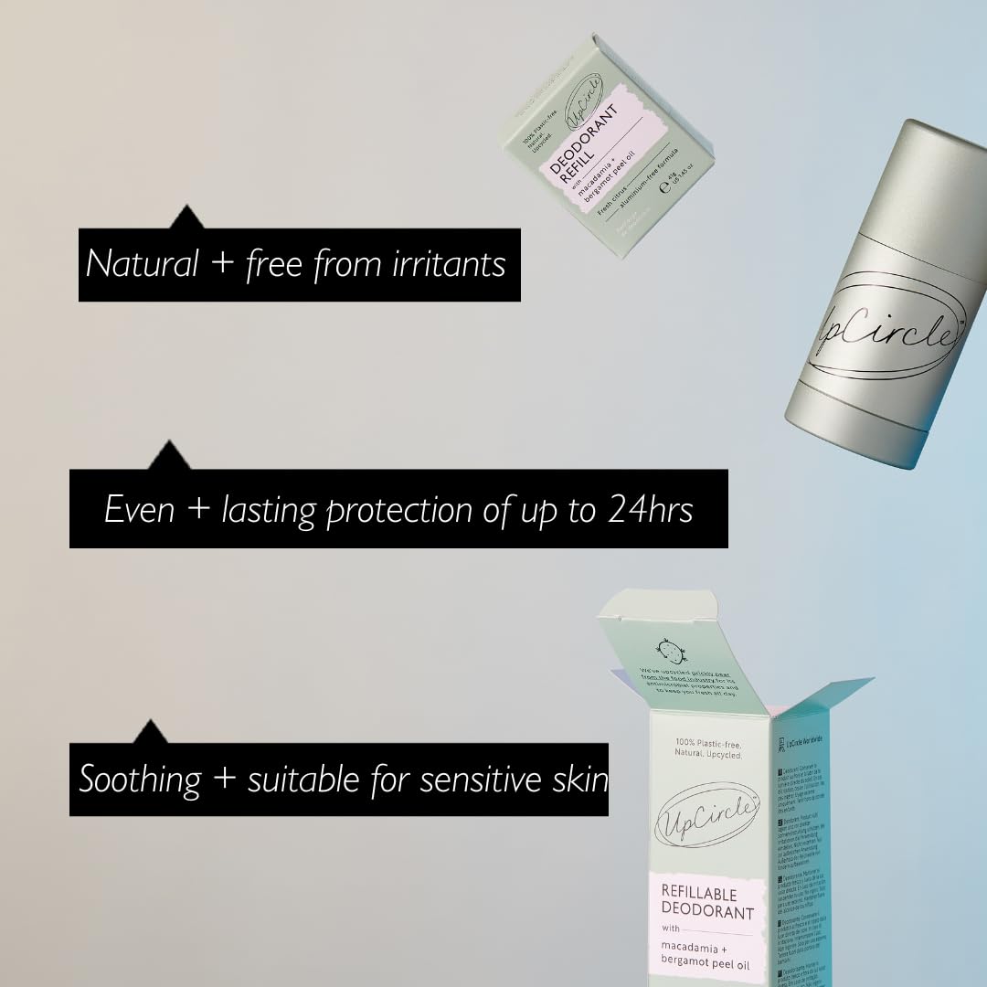 UpCircle Refillable Deodorant with Macadamia + Bergamot - 1 case + 1 refill - Suitable for Sensitive Skin - Natural - Hydrating - Up To 24 Hours of Lasting Protection