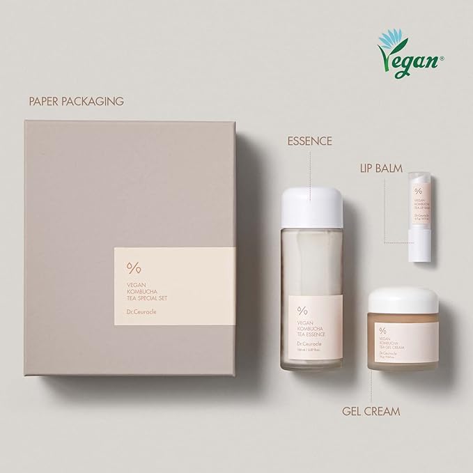 Dr.Ceuracle Vegan Kombucha Tea Special Set - Korean Skincare Set, Hydrating and Nourishing Gift Set included Essence, Gel Cream, Lip Balm