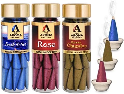 The Aroma Factory Organic Dhoop Cones | Kesar Chandan, Rose & Fresh Active Incense Cones |No Charcoal, Scented Incense | 3x30 Cones, Pack of 3 Jute Bag Giftset