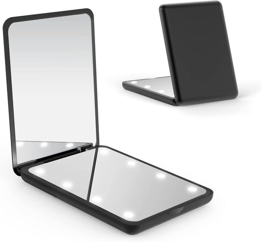 wobsion Small Mirror with Lights,LED Compact Makeup Mirror,1x/3x Mini Travel Mirror with Magnification,Portable Hand Held Mirror for Purse,Pocket,Gifts for Girls,Black