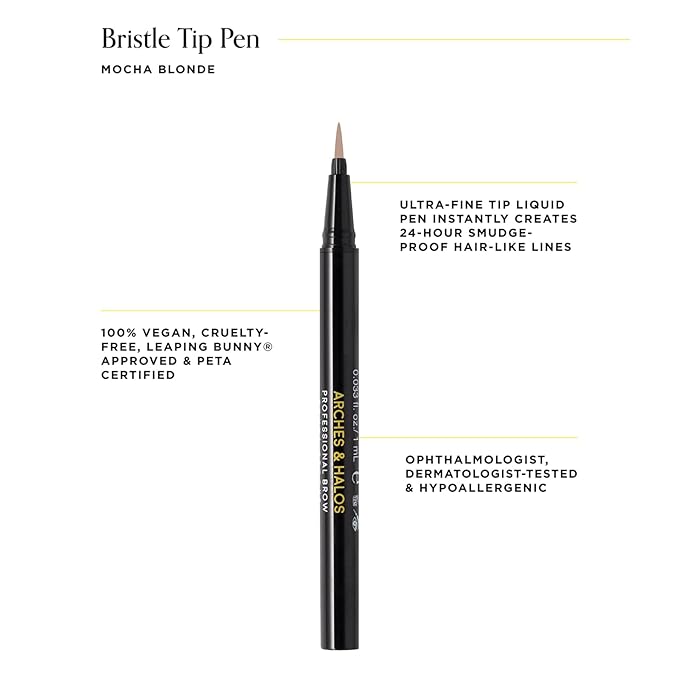 Arches and Halos Fine Bristle Tip Pen - Eyebrow Pencils for Women - Vegan Brow Pencil - Smudge-Proof, Buildable Formula - Mocha Blonde - 0.02 oz