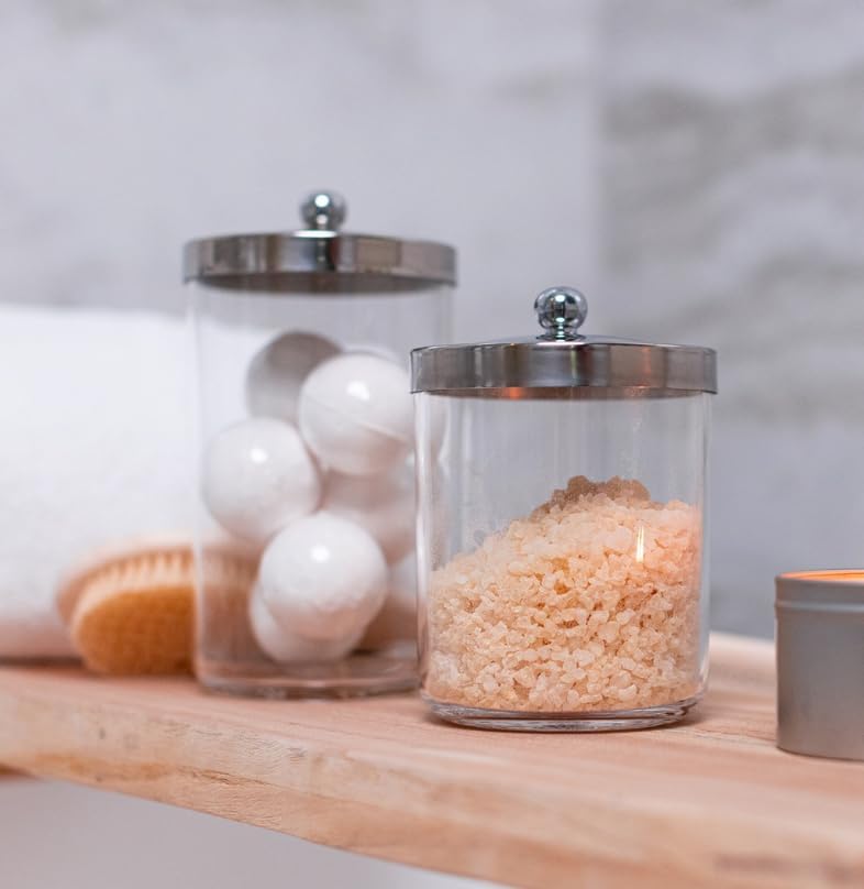 Huang Acrylic Chrome Lid Clear Cosmetic Container | Store Q-Tips, Cottonballs, Cotton Rounds | Perfect Counter Top or Shelf Storage | Small