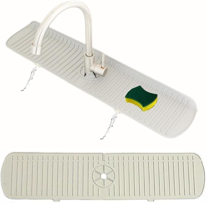 Big Size Kitchen Sink Splash Guard, 24in Faucet Mat Splash Catcher, Handle Drip Catcher Tray, Multipurpose for Kitchen Dish Drying Mats Sponge Holder (cream)