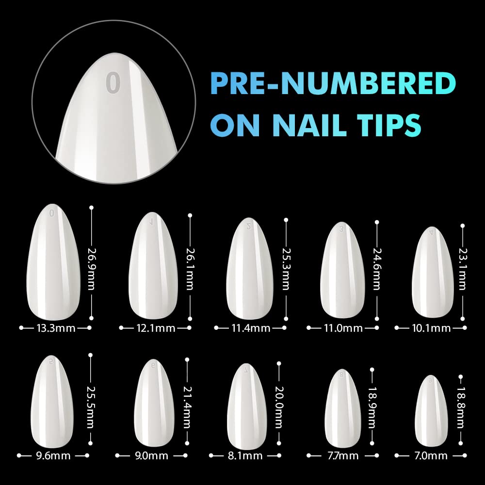 Almond Nail Tips Short - INFELING 500Pcs Full Cover Nail Tips, Acrylic False Fake Nails with Box for Nail Salons and DIY Nail Art, 10 Size, Natural
