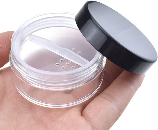 HAHIYO 3Pcs 20ml/0.68oz Plastic Empty Travel Compact Case Makeup Cosmetic Jar Refillable Powder Box No Leak Holder with Rotatable Sifter and Black Screw Lid