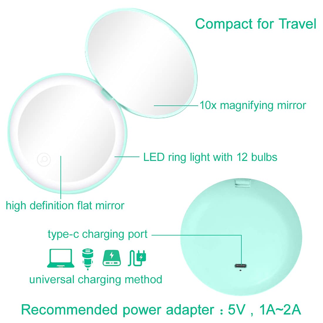 Compact Mirror with LED Light,1x/10x Magnifying Rechargeable Mirror,3.5in, Dimmable Travel Mirror for Purse,Pocket,Handheld 2-Sided Makeup Mirror