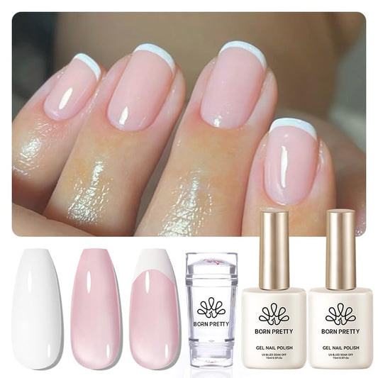 Born Pretty French Manicure Kit, Nail Stamper and 2Pcs Gel Nail Polish, Include Jelly Milky Pink White Colors for French Tip, U V Light Cure