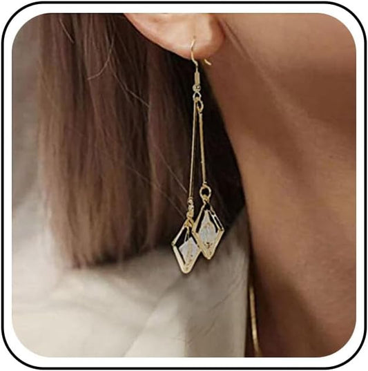 Vintage Crystal Dangle Earrings Long Bar Drop Earrings Cz Rhinestone Earrings Gold Long Wire Earrings Jewelry for Women