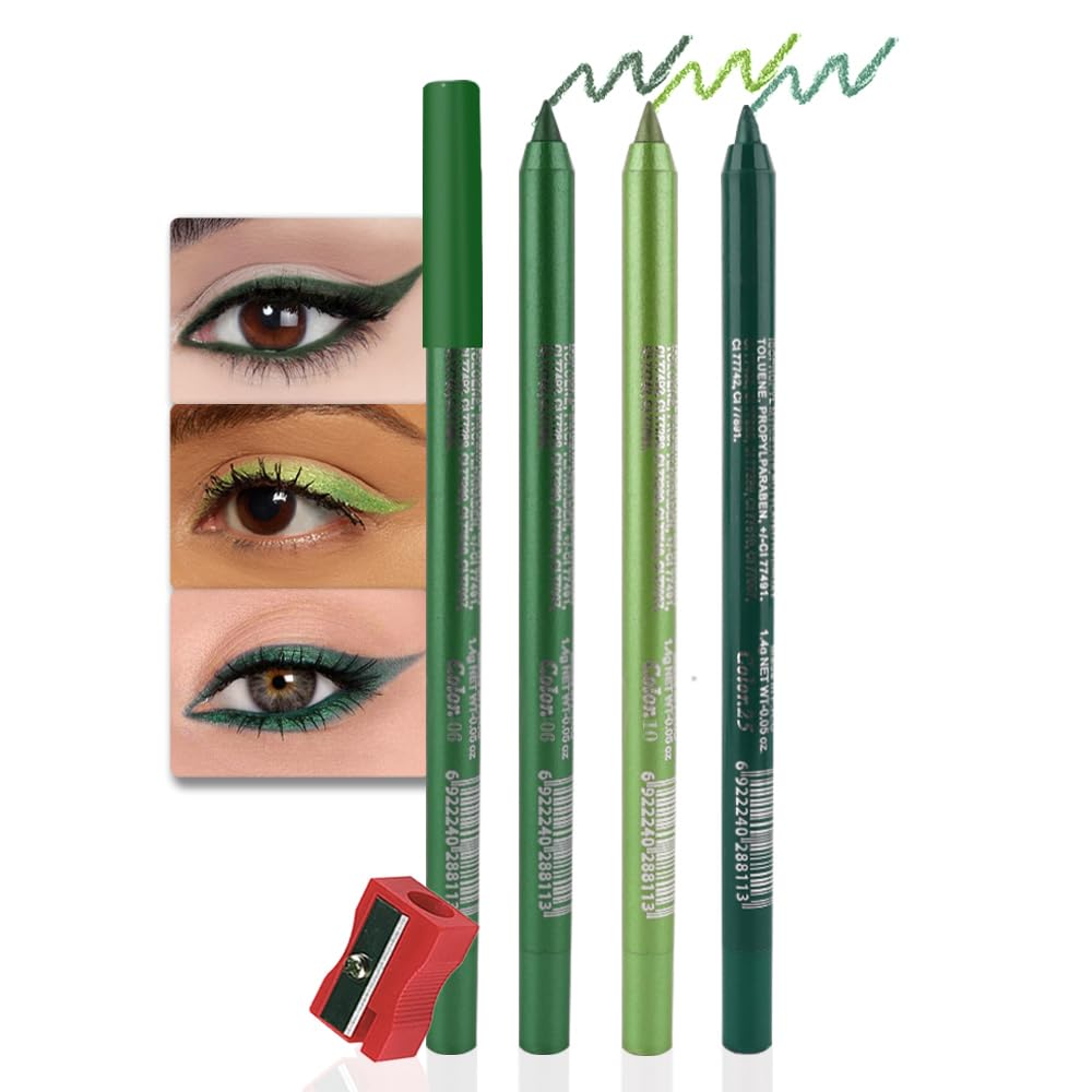 evpct 3Pcs Shimmer Emerald Green & Light Green & Shimmer Dark Green Gel Glitter Eyeliner Pencils Set for Women Waterproof Smudge Proof lapiz de ojos delineador de ojos contra el agua Eye Liner Makeup