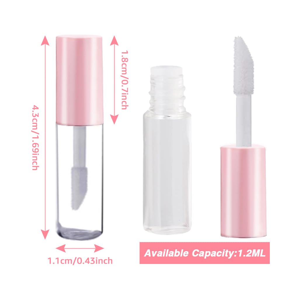 AMORIX 50PCS Mini Lip Gloss Tubes with Wand 1.2ml Empty Lip Gloss Containers Refillable Travel Lip Balm Tubes for Samples with 5ml Syringes DIY Lip Gloss Base + Labels (Pink)