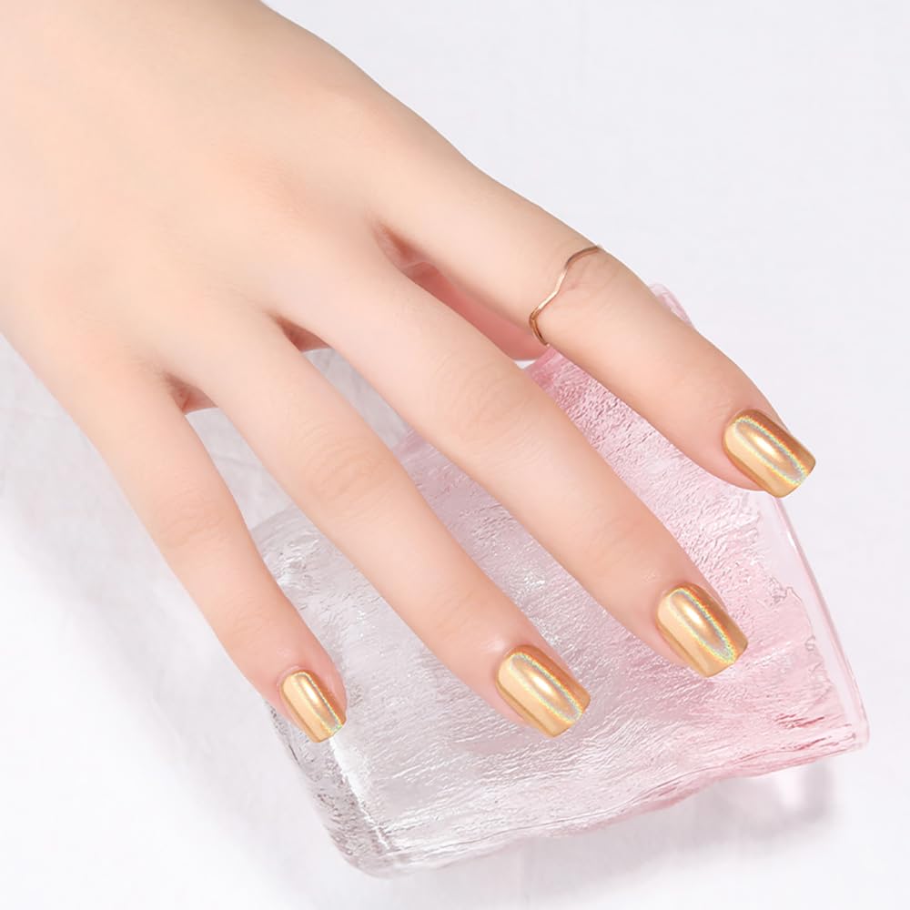 Gold Holographic Press On Nails, Short Chrome Glue On Nails for Women, Metallic Golden Fake Nails with Iridescent Glow, Press On Nails Short Square Shape, Color-Shifting Aurora Effect, 24 Pcs