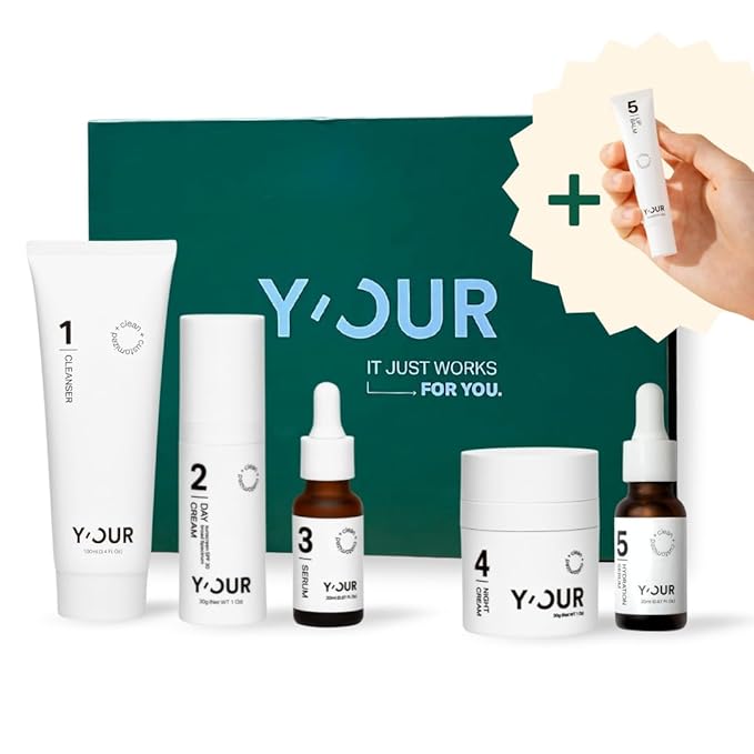 Y'OUR Non-Toxic, Pregnancy-Safe Skincare Set – 5-Step System with Cleanser, Day Cream, Serum, Night Cream & Hydration Serum – Soothing & Rejuvenating – Gentle and Non-Comedogenic Formula. Holiday Gift