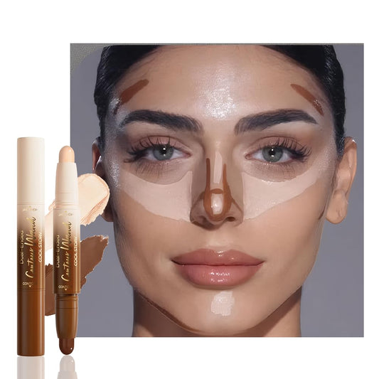 Dual-Ended 2-in-1 Cream Contour & Highlighter Stick – Waterproof, Long-Lasting for Face & Body Makeup, Suitable for All Skin Tones, 02#Nude + Light Beige