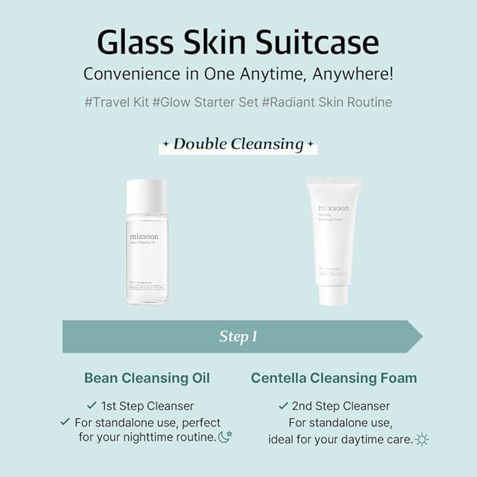 mixsoon Glass Skin Suit Case Set-5-Step Skincare Kit - Hydrating and Radiance-Cleansing Oil, Foam, Essence, Cream 105ml / 3.55 fl.oz. Korean Glass Skin Care