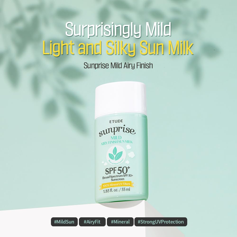 ETUDE Sunprise Mild Airy Finish Sun Milk Duo Set (55ml*2) SPF50+ / PA++++ | Sebum-free, Non-Sticky, Long Lasting Protection, 100% Mineral Based Korean Sunscreen, Korean Skin Care, Pefect for Gift