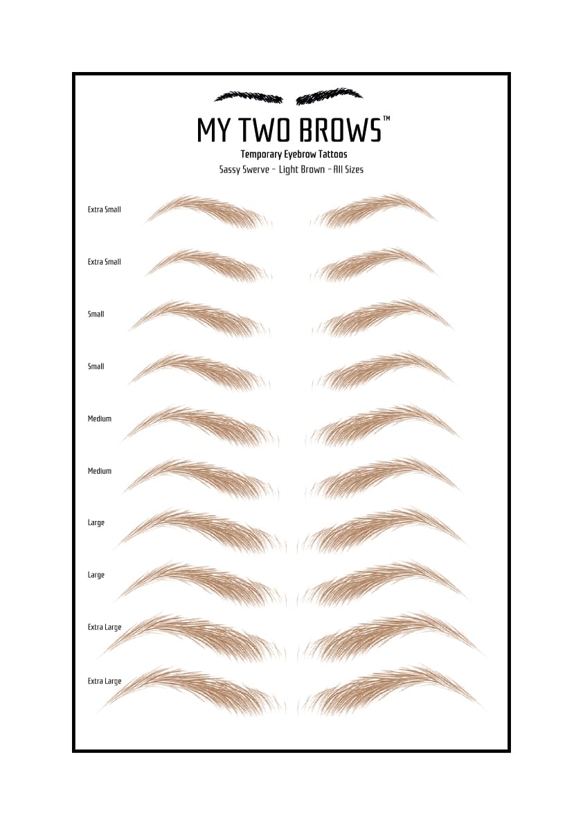 (10 pairs) Light Brown Temporary Eyebrow Tattoo - Extra Small Size - Waterproof & Smudgeproof - Sassy Swerve Style Eyebrow Stickers - Sheet Lasts up to 30 Days - Won't Work on Existing Brows