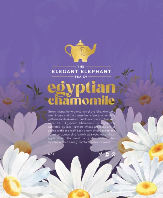 Egyptian Chamomile Tea, Organic Loose Leaf Herbal Tea – Cozy, Calming – Supports Stress Relief, Relaxation & Sleep – 4 oz Resealable Bag (Makes 50 Cups) – The Elegant Elephant