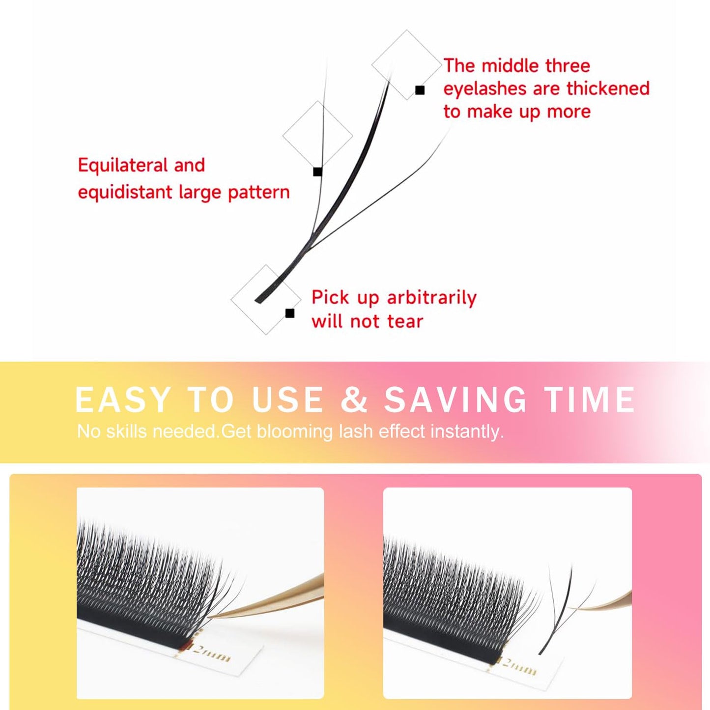 Lash Extensions Three Core Tips 3D Eyelash Extensions W Shape 0.07mm Thickness C Curl 12mm Premade Fans Easy Fan Volume Lashes Matte Black Crisscross(W-3D-Three Core-0.07-C,12mm)