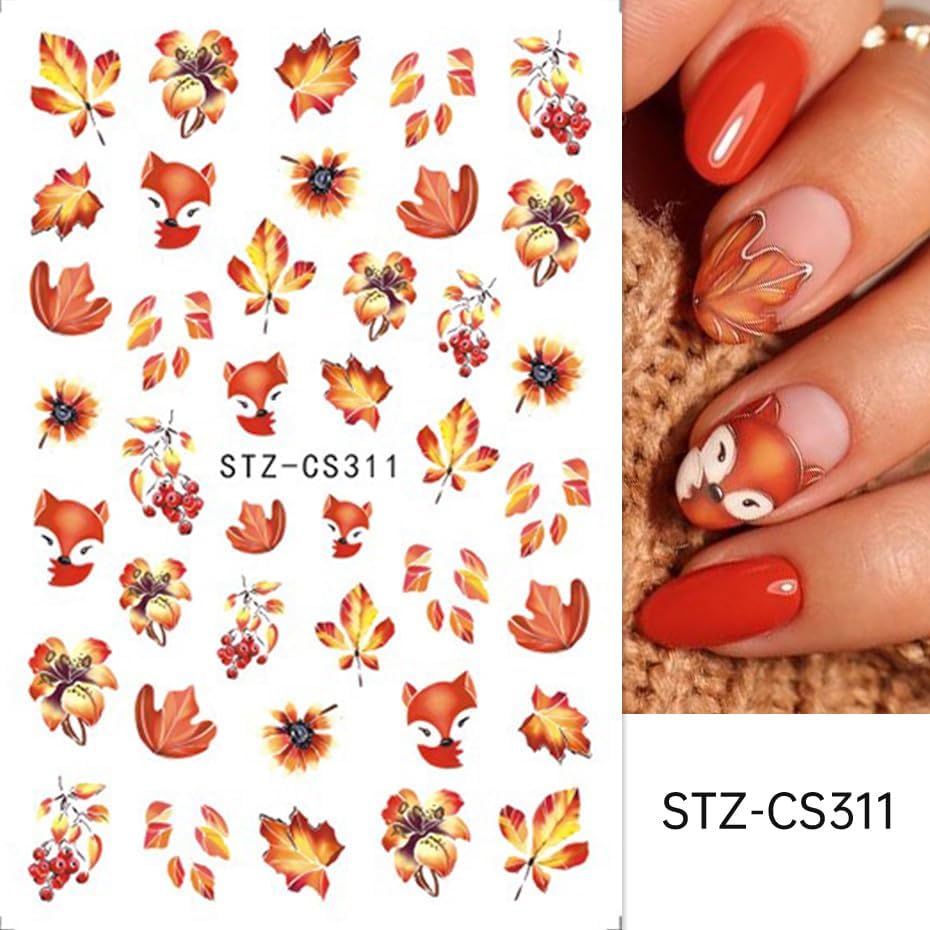 6Pcs Fall Nail Stickers Maple Leaves Nail Decals DIY Self Adhesive Thanksgiving Nail Design Autumn Nail Decoration Supplies Manicure Accessories for Women Girls