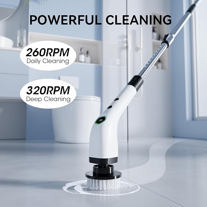 Electric Bathroom Cleaning Brush, Cordless Spin Scrubber Full Body Waterproof IPX7 with Adjustable Handle, 8 Replaceable Brush Heads for Bathtub/Kitchen/Window/Home -SD-CTB01