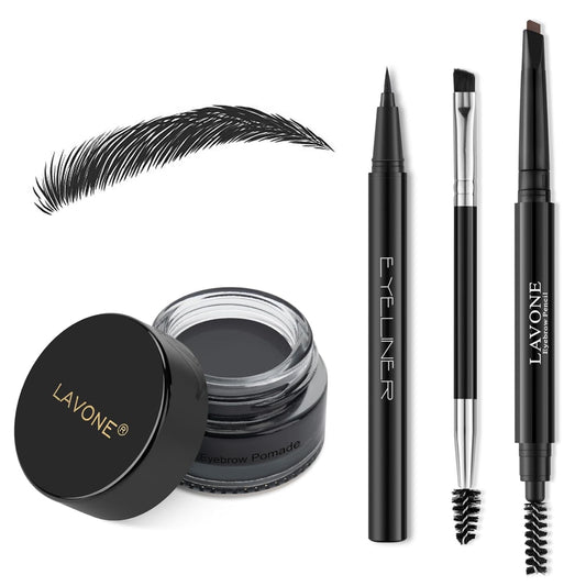 LAVONE Eyebrow Stamp Pencil Kit for Eyebrows, Makeup Brow Stamp Trio Kit with Waterproof Eyebrow Pencil, Eyeliner, Eyebrow Pomade, and Dual-ended Eyebrow Brush - Ash Black