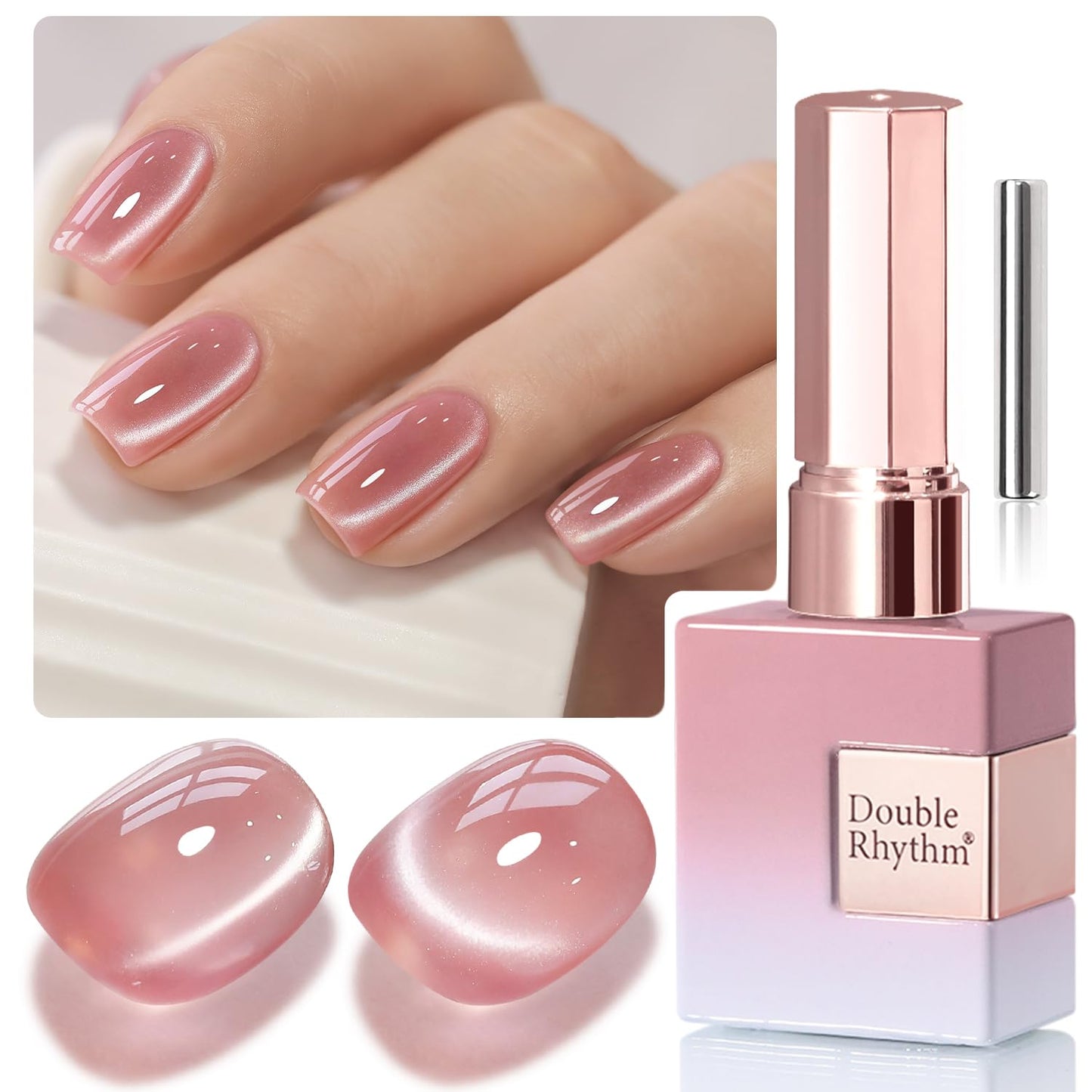 Double Rhythm 0.5 Oz Cat Eye Gel Polish with Magnet Same Color Same Bottle Holographic Glitter Shimmer Translucent Color Salon 15 ML Magnetic Nail Art (Rose Pink-MC1165)