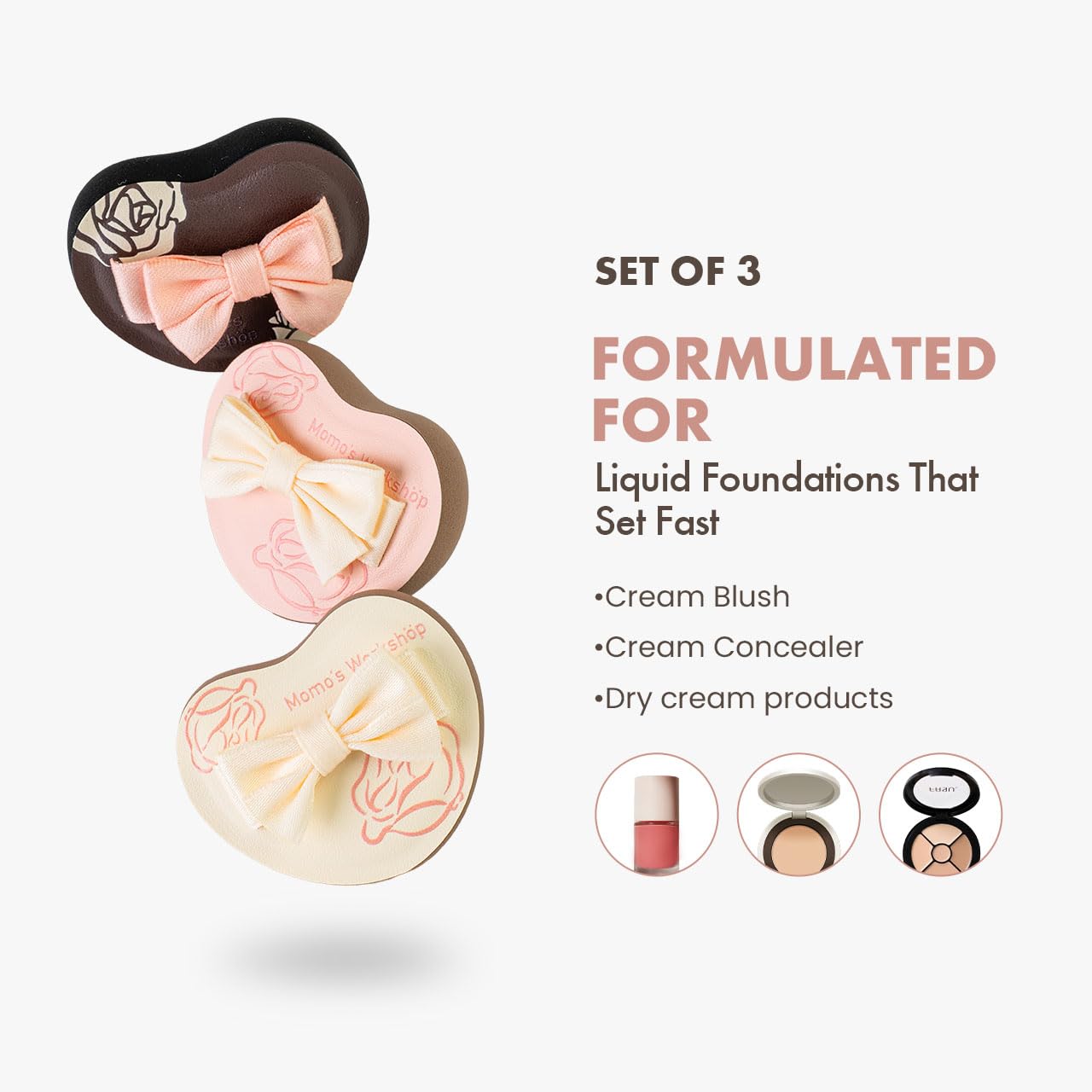 Heart-Shaped Makeup Sponge,Firm Bounce Rubycell, Foundation Sponge with Bow Tie Strap, for Precision Blending of Concealer/Cream Products, 3-Colors,Travel Friendly & Reusable & Storage Case