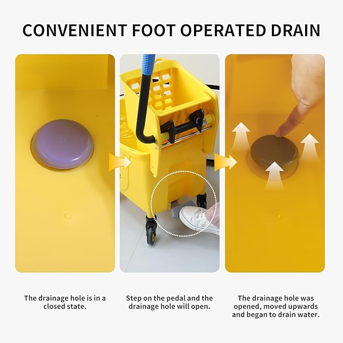 Side Press Wringer Combo Commercial Floor Cleaning Rectangular Mop Bucket on Wheels, 35-Qt, Yellow,Add One Mop and One Mop Head Replacement