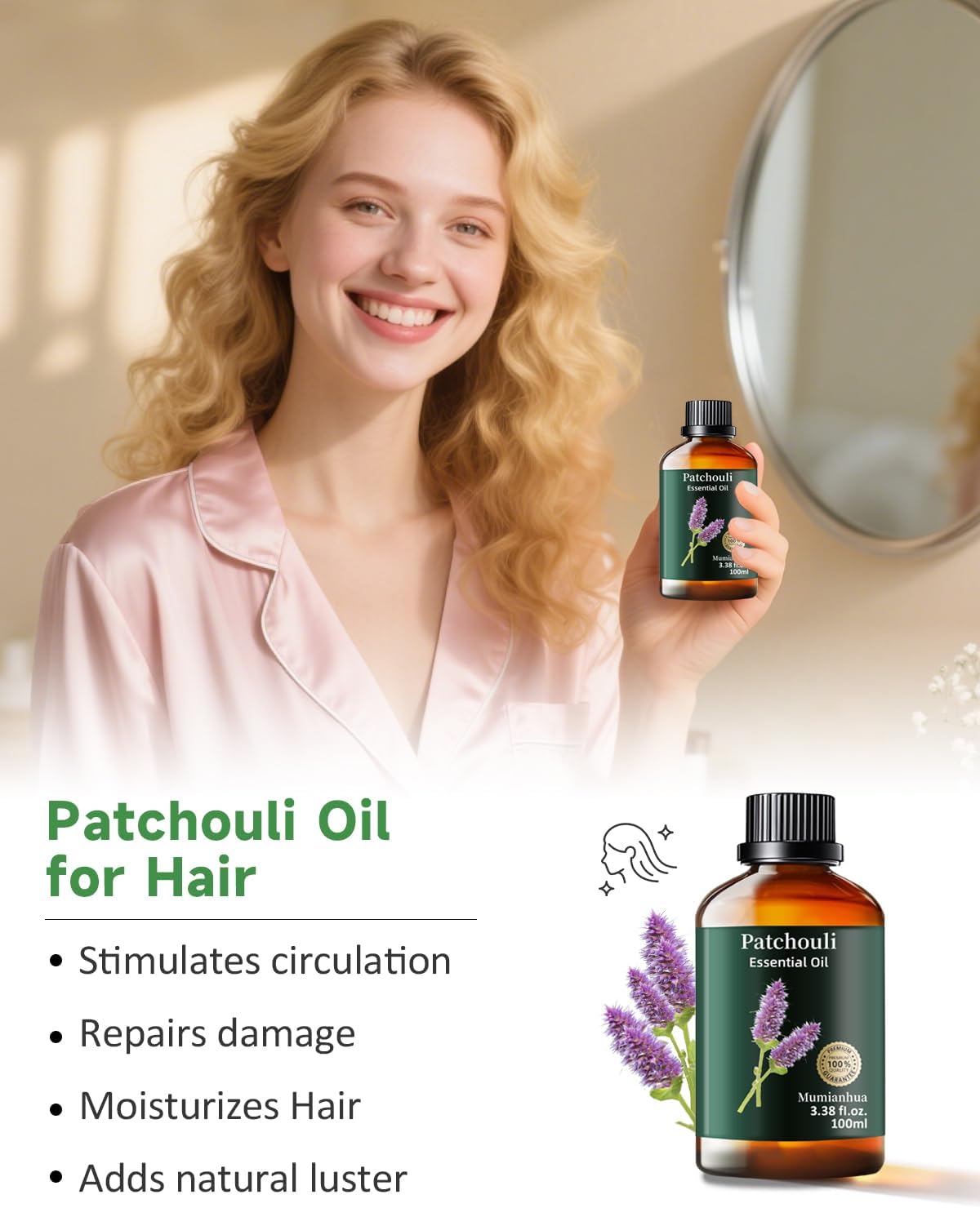 Mumianhua 100% Pure Patchouli Essential Oil Therapeutic Grade Natural Patchouli Oil for Diffuser, Perfume, Skin,Hair, Soap Making, DIY, Spraying 3.38 Fl Oz