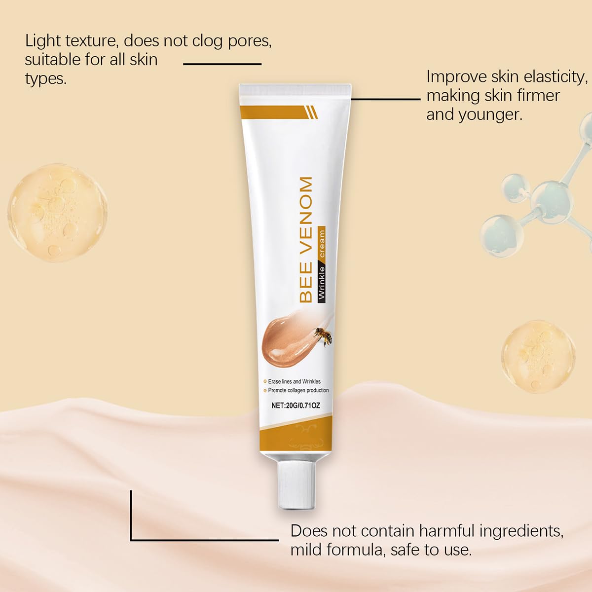 Bee Venom Moisturiser Cream Wrinkle Removal & Firming, Anti-Aging Eye & Face Bee Venom Skin Treatment Cream (1 Pack, 0.71Oz)