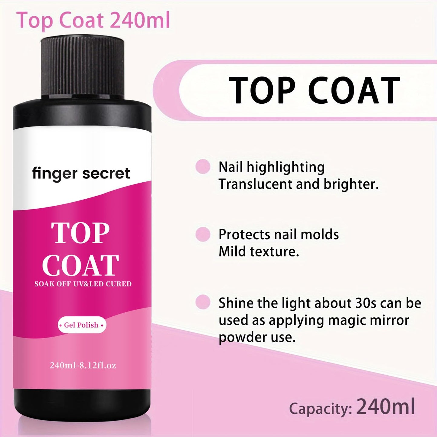 240ml/8loz Top Coat for Gel Nail Polish,Quick Dry Clear Nail Polish,Nail Supplies for DIY in Salon or Home Use.