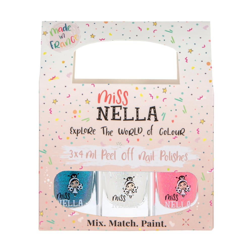 MISS NELLA PARTY COLLECTION 3-3 peel off, odour free, water base glitter nail polishes Pack- Blue The Candles (blue), Confetti Clouds (clear) & Marshmallow Overloud (coral)
